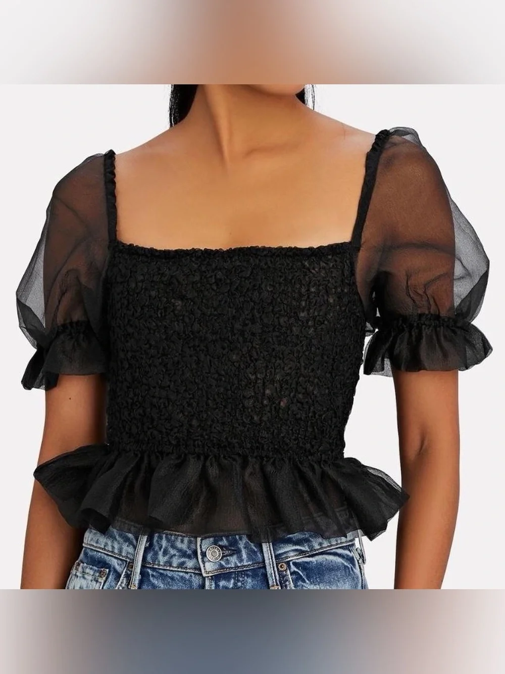Staud Black Organza Puff Sleeve Crop Top